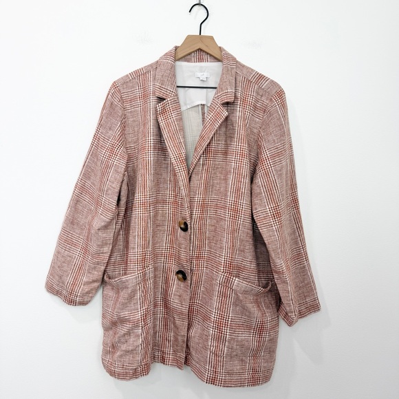 J. Jill Harper Relaxed Henna Plaid Linen Blend Longline Blazer Jacket XL Petite - Picture 2 of 8